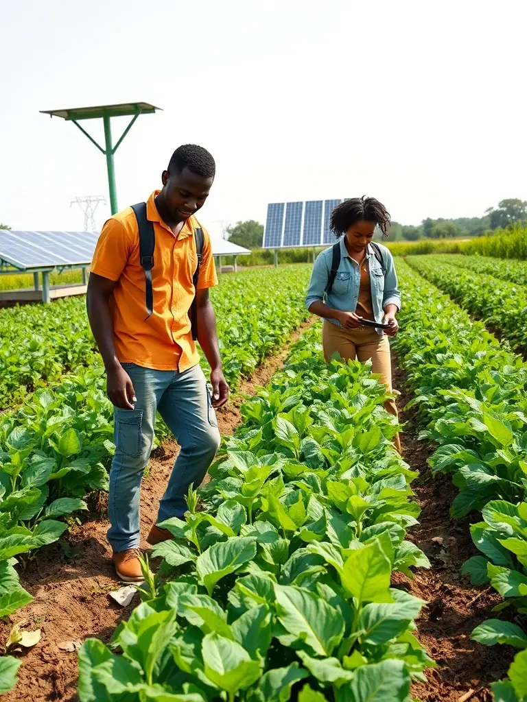 A vibrant image of young adults working on a modern, sustainable farm in Africa, showcasing agricultural innovation and youth involvement.