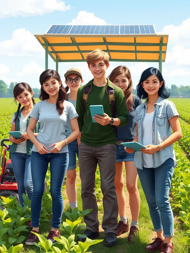 A vibrant image of young adults working together on a modern agricultural farm, showcasing sustainable farming practices and technology integration, representing the agriculture job category for Youths & Jobs.