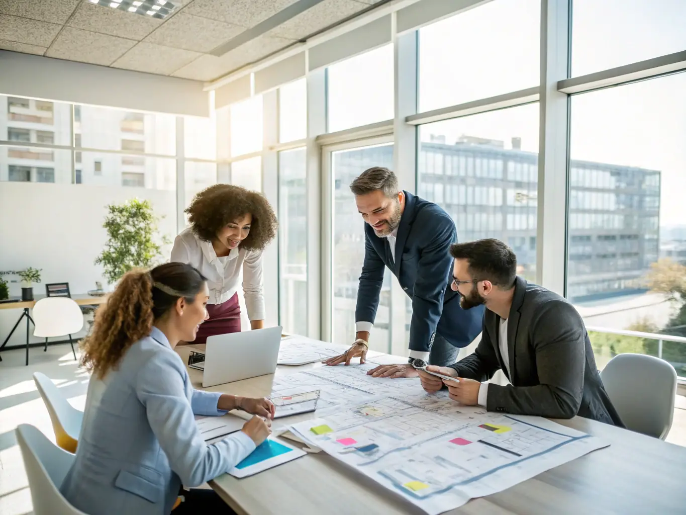 A modern office setting with professionals collaborating on a project, representing job opportunities in technology and other sectors.
