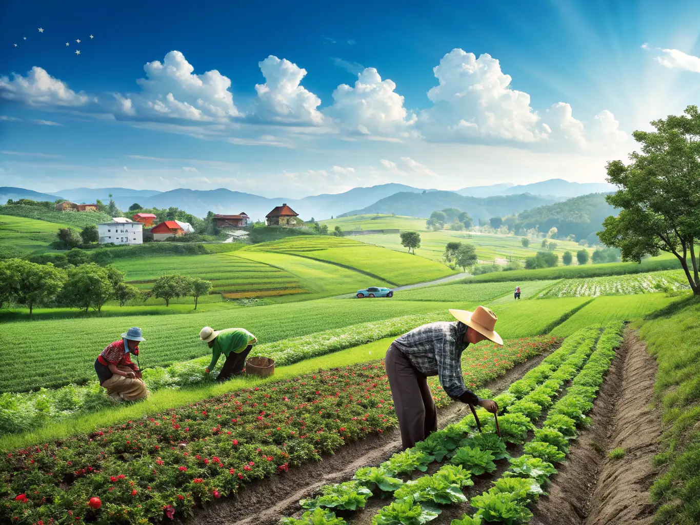 A vibrant image showcasing a lush agricultural field with workers harvesting crops, representing job opportunities in the agriculture sector.