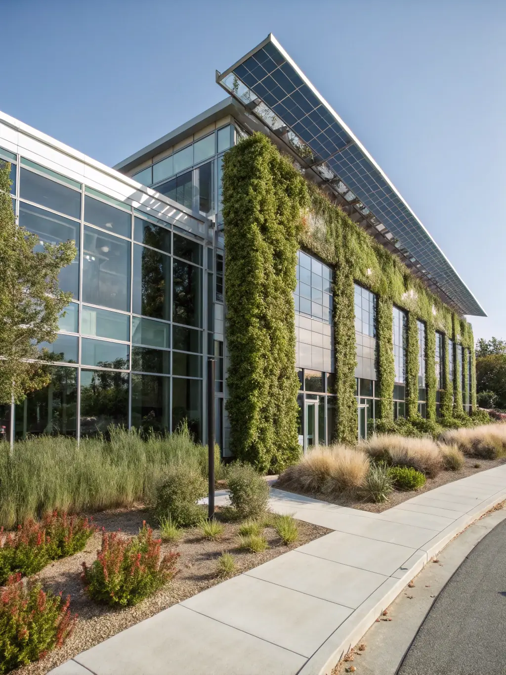 A modern office building with solar panels, representing job opportunities in renewable energy facilitated by Youths & Jobs.