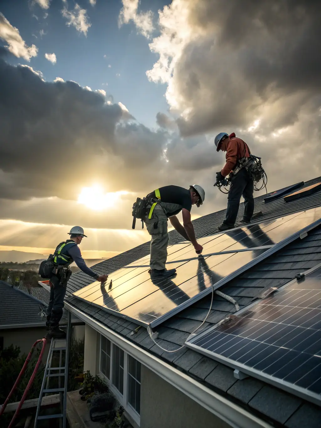 A dynamic image of solar panels being installed in a rural African community, highlighting renewable energy solutions and the creation of green jobs, representing the energy job category for Youths & Jobs.