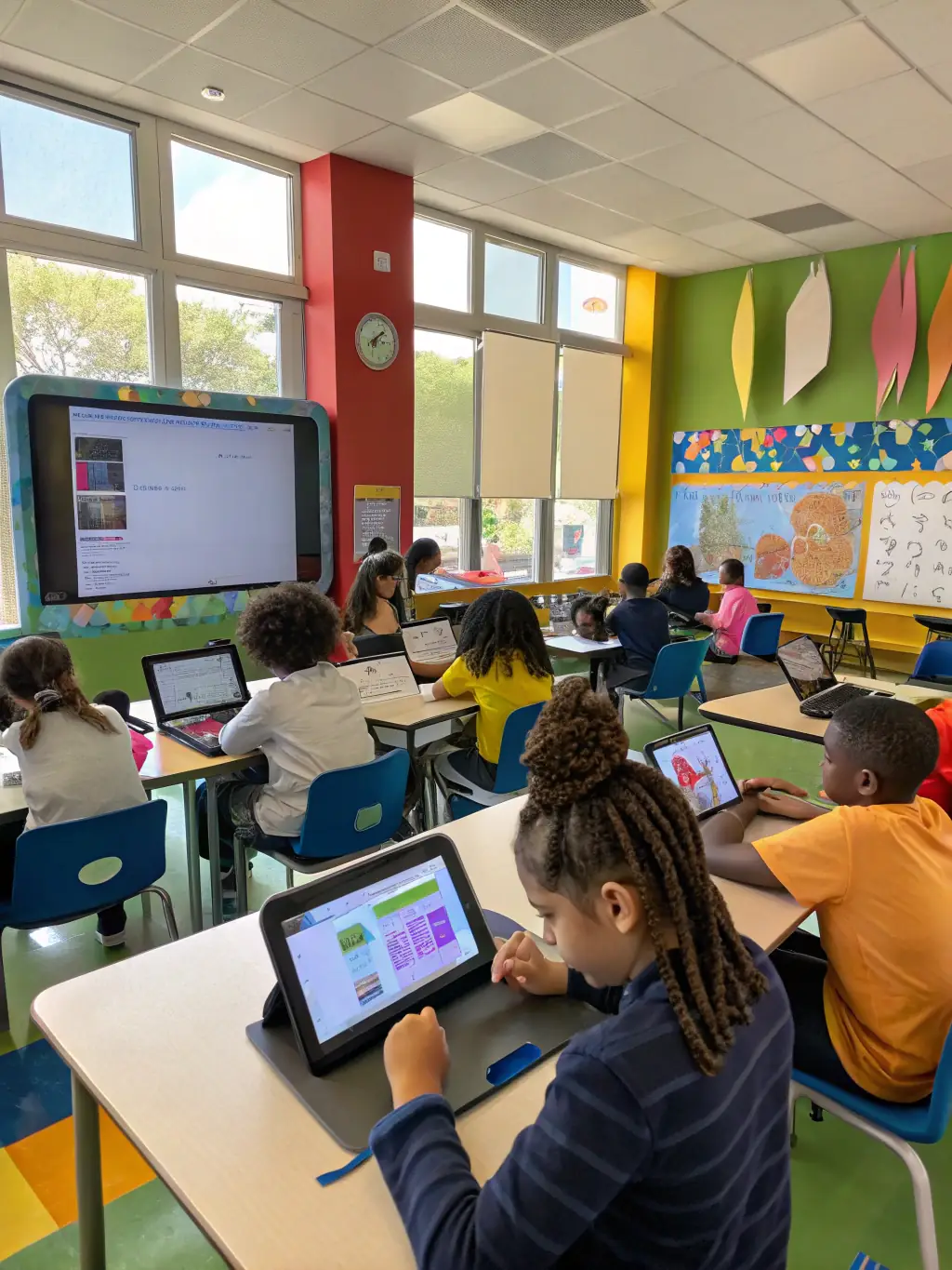 An inspiring image of students and teachers engaged in a technology-enhanced classroom setting, showcasing modern education methods and digital literacy, representing the education job category for Youths & Jobs.