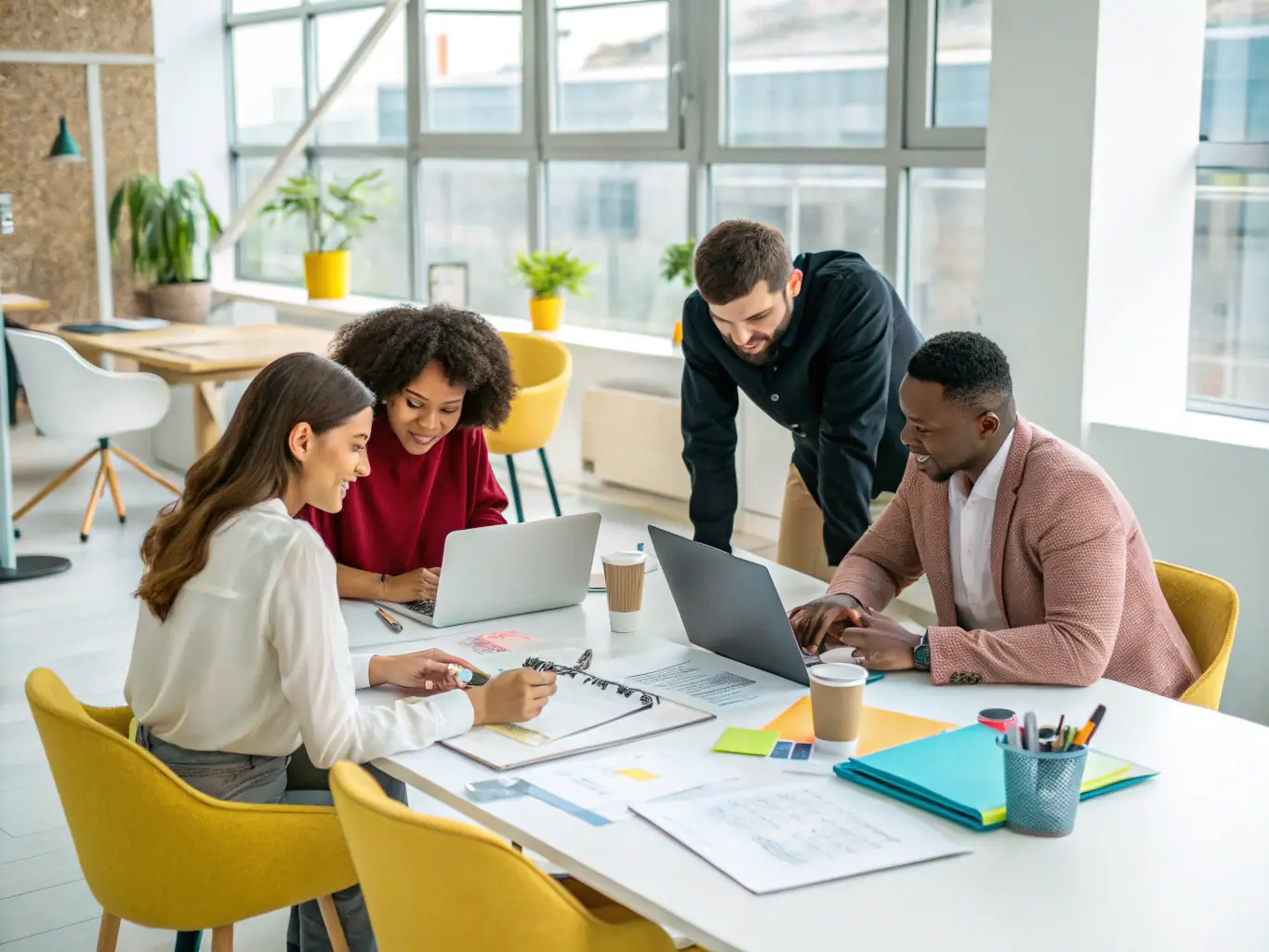 A diverse group of young professionals collaborating in a modern office space, symbolizing the job sharing opportunities provided by Youths & Jobs.