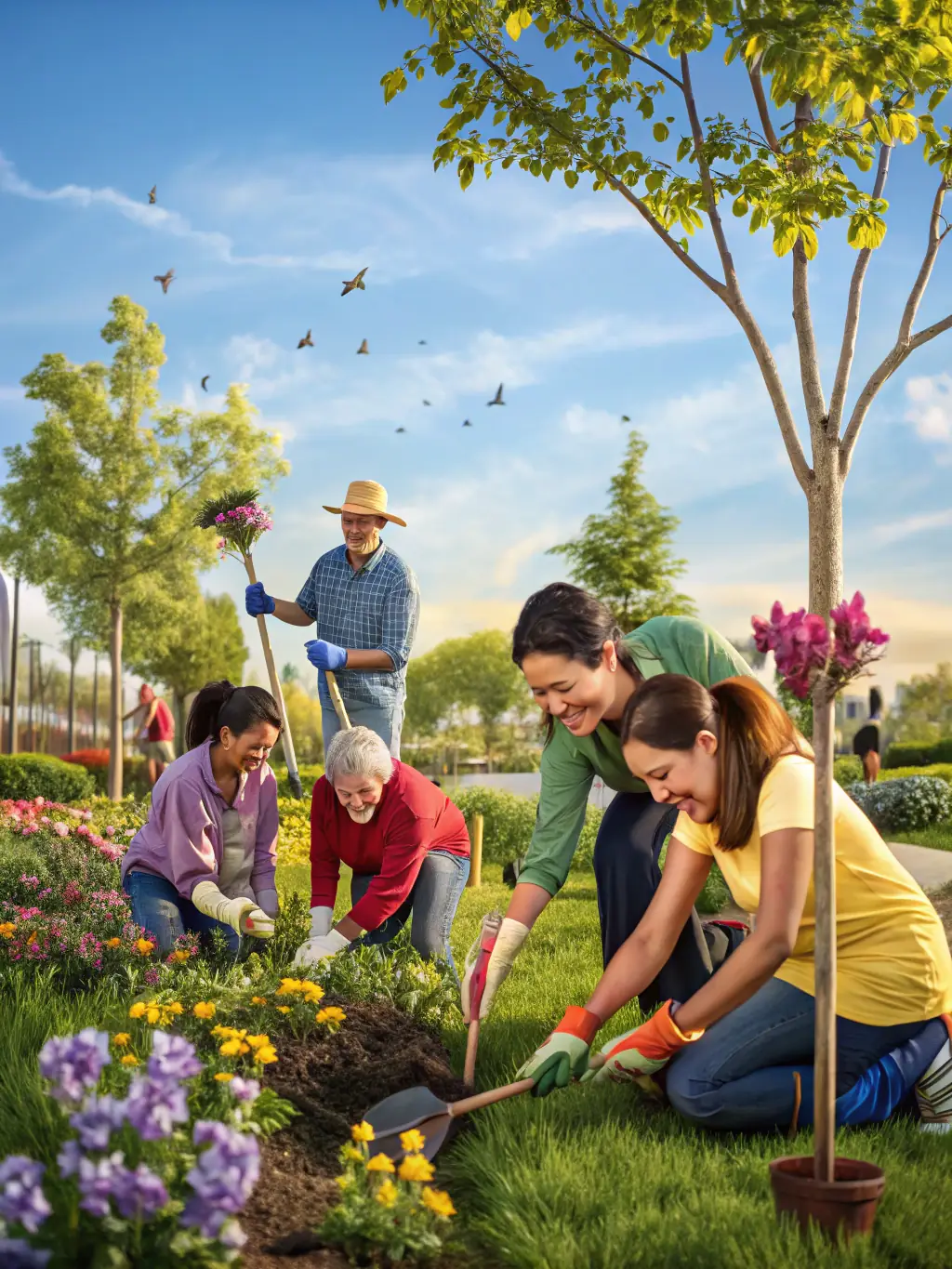 A serene image of a group of young people planting trees in a deforested area, symbolizing environmental restoration and youth engagement.