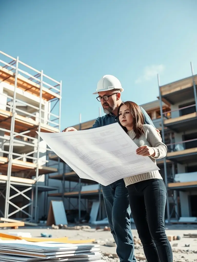 A collaborative image of architects and construction workers designing and building affordable housing units, emphasizing community development and sustainable living, representing the housing job category for Youths & Jobs.